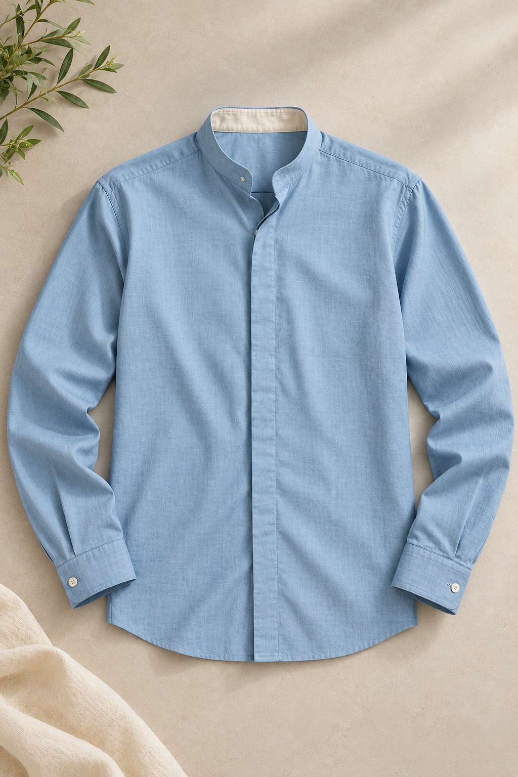 Men's Cotton Mandarin Collar Shirt - Sky Blue