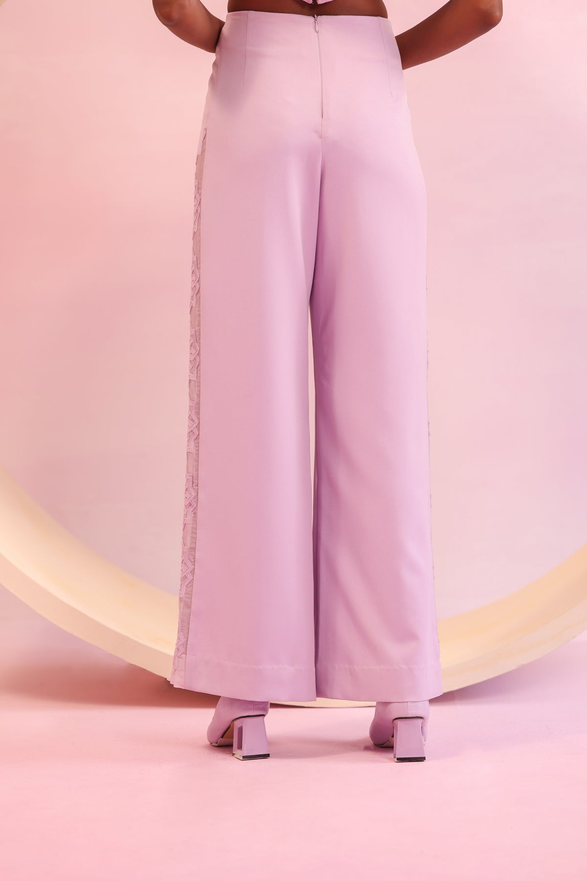Mesh Side Panel Flared Trousers – Lattice Bloom - Lavender