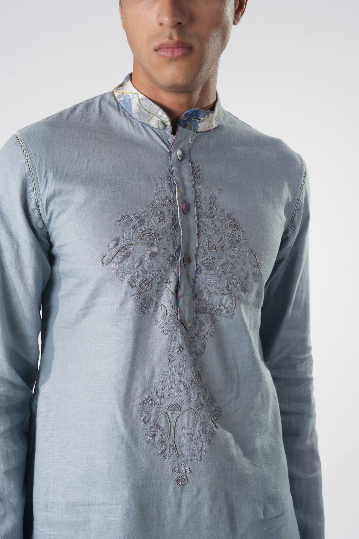 Men's Embroidered Long Kurta – Kavalier - Blue