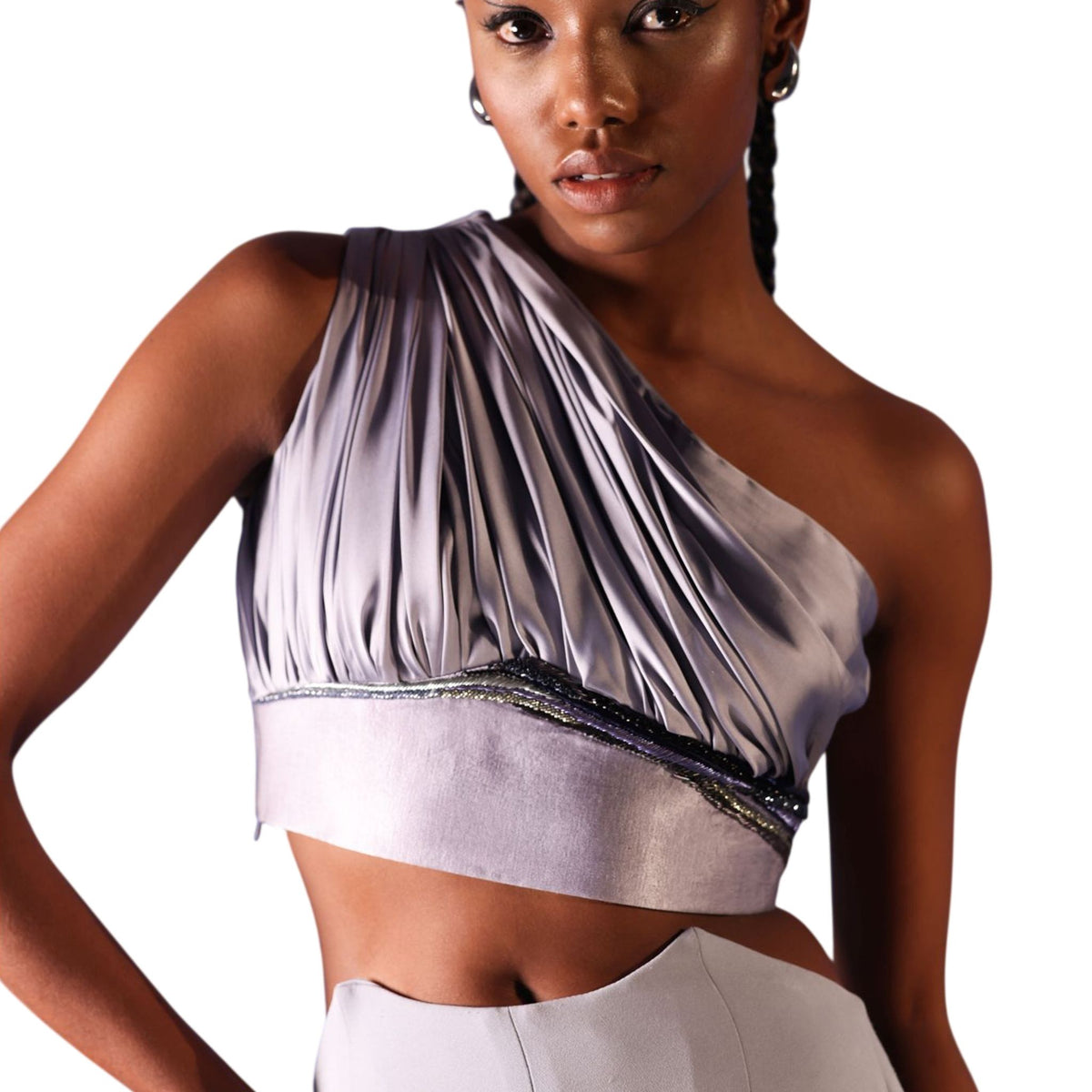 Draped One-Shoulder Crop Top – Nafisa - Cool Grey