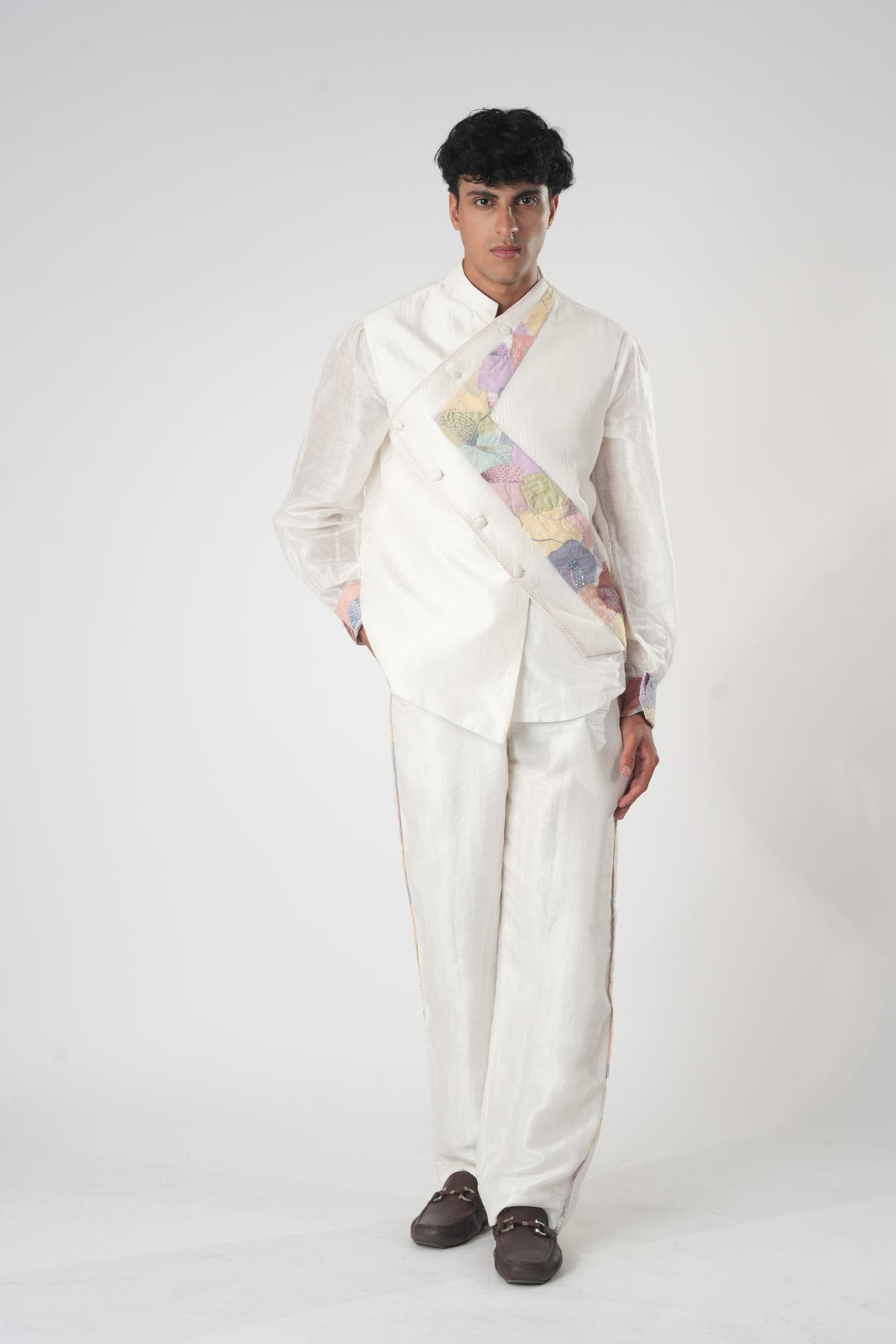 Men's Patchwork Asymmetric Sadri – Prism - White