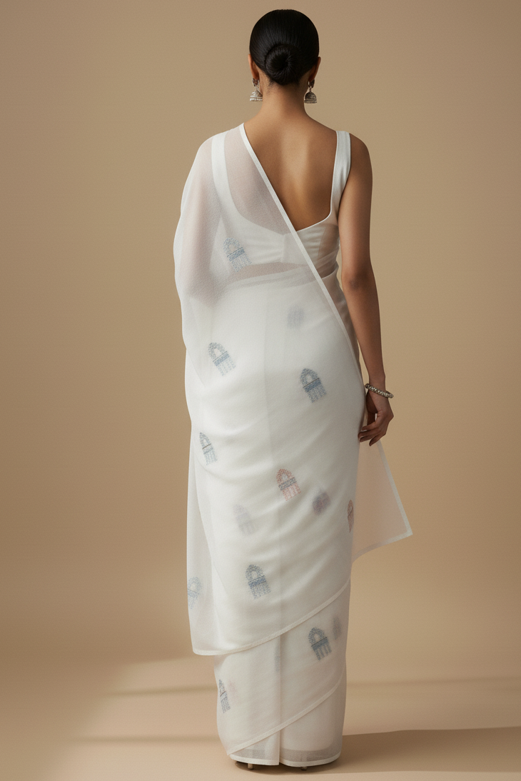 White Silk Saree with Hand-Embroidered Motifs