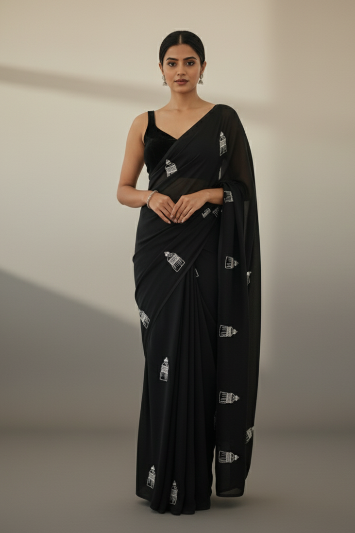 White Silk Saree with Hand-Embroidered Motifs