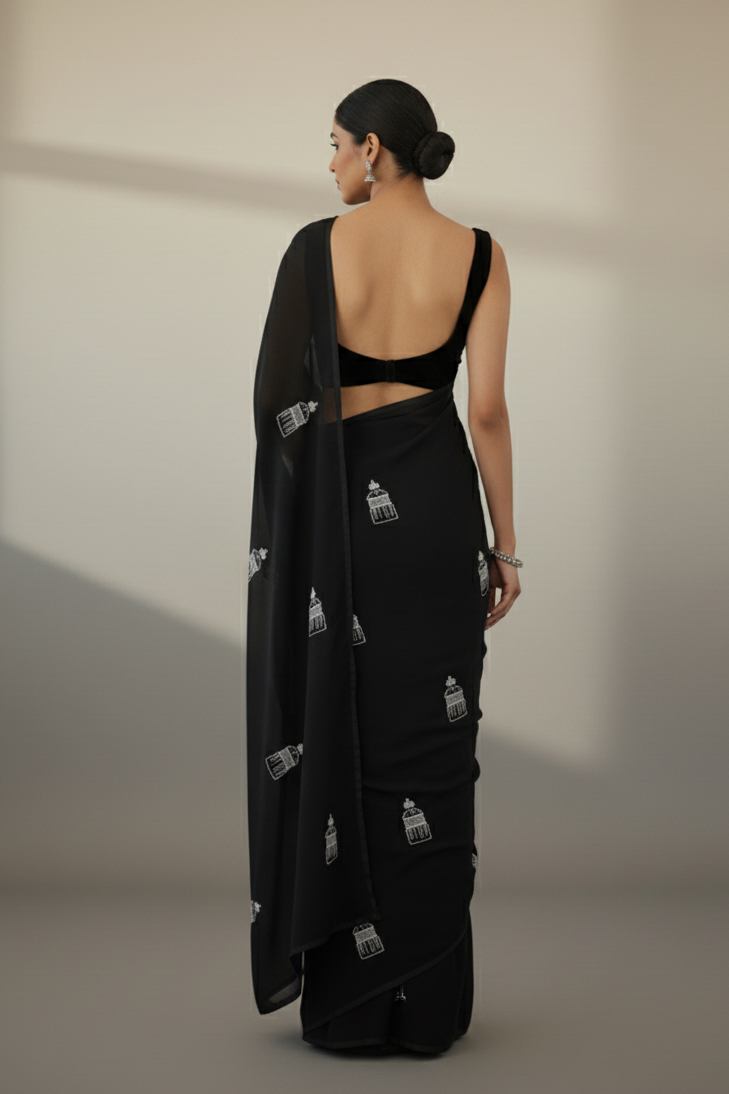 White Silk Saree with Hand-Embroidered Motifs